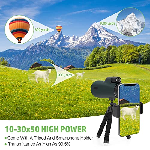 Harnestle Monocular Telescope 10-30x50 with Smartphone Holder Tripod Zoom Scope Monoculars for Adults Kids Waterproof Compact Monocular for Bird Watching Camping Hiking