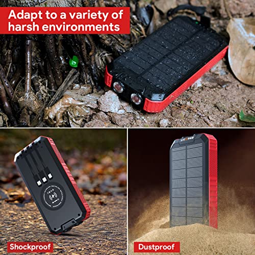 Solar Charger 36800mAh Solar Power Bank Wireless Portable Charger Quick Charge 3.0 Type C Input Port with 6 Outputs, Dual Flashlight External Battery Charger Power Bank for iOS and Android Red