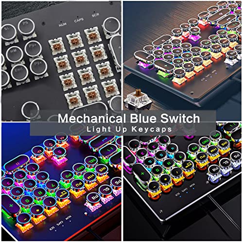 Basaltech Mechanical Light Up Keyboard With LED Backlit, Typewriter Style Gaming Keyboard With 104-Key Brown Switch Round Keycaps, Retro Steampunk Keyboard Metal Panel With Wired USB For PC/Mac/Laptop
