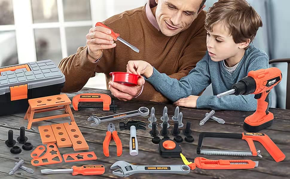 Kids Tool Set – 45 Piece Toddler Tool Set with Electronic Toy Drill& Tool Box,Hammer Saw and More, Construction Pretend Play Tools for Kids, Best Birthday Gift Ideas for Kids 1-3 4 5 6 7 8 Years Old