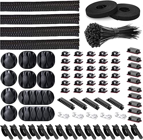 181pcs Cable Management Kits, 100 Fastening Cable Ties with 4 Wire Organizer Sleeve, 10pcs and 2 Roll Self Adhesive ties 35 Wire Clips, 10+15 Desktop Cable Holder for TV Office Home Electronics